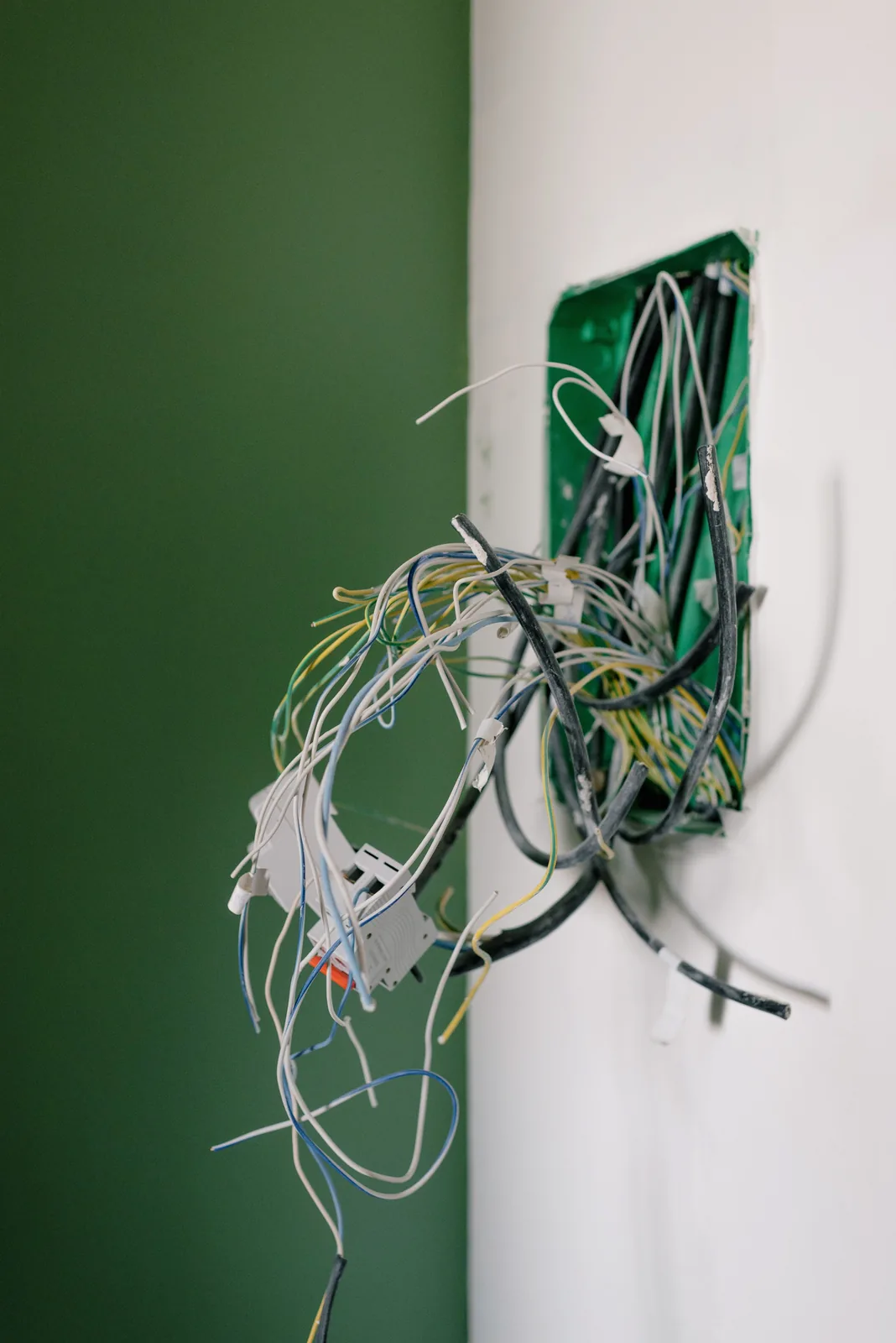 Old wiring spilling out of a junction box, for electrician in Edmonton