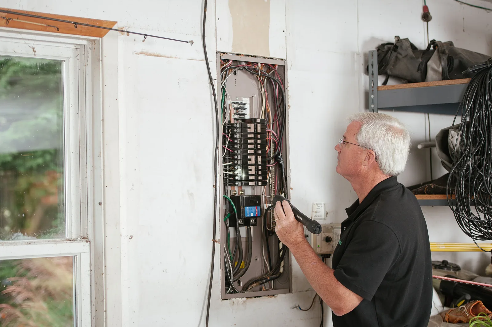 An electrician checking an open residential panel by torchlight, for licensed electrician in Edmonton